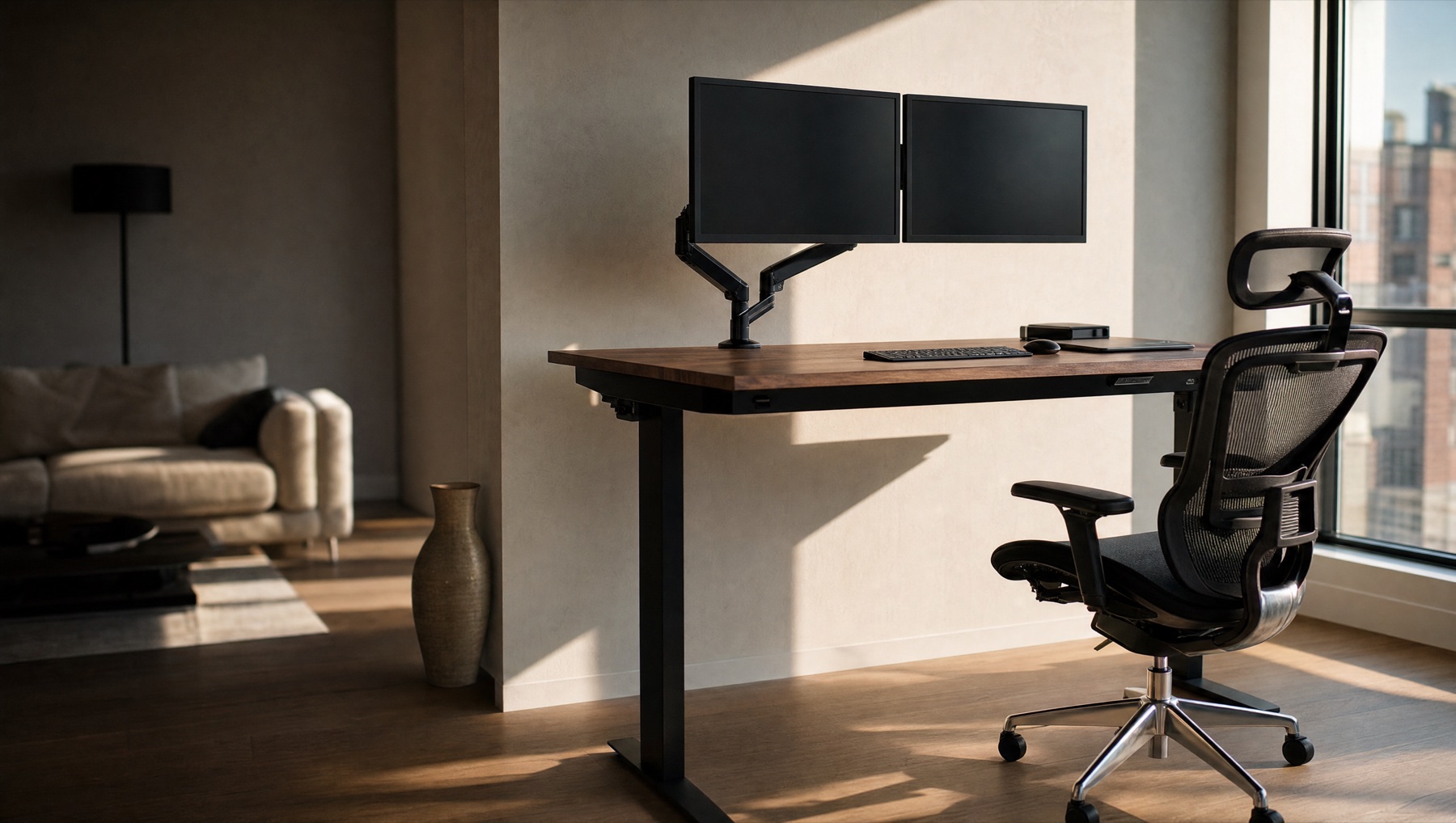 A standing desk and ergonomic chair in a sunlit apartment